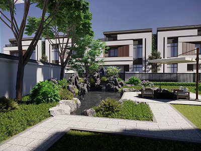Modern Garden Landscape With Courtyard Water Feature Rocks And Seating Area 3d model