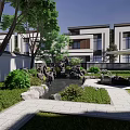 Modern Garden Landscape With Courtyard Water Feature Rocks And Seating Area