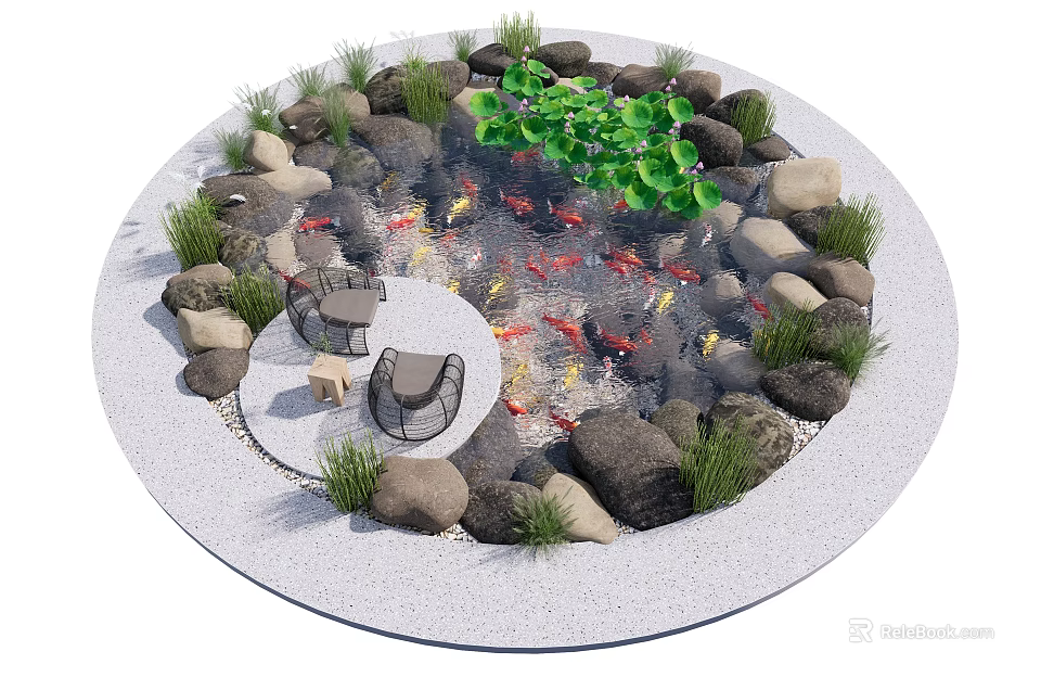 Round Garden Feature With Koi Pond Stones Green Plants And Seating Area 3d model 