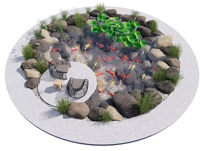 Round Garden Feature With Koi Pond Stones Green Plants And Seating Area 3d model