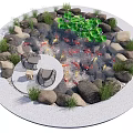 Round Garden Feature With Koi Pond Stones Green Plants And Seating Area