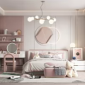 Pink Kids Room Interior With Soft Bed Stuffed Toys Chandelier Vanity And Cozy Rug