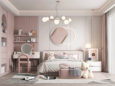 Pink Kids Room Interior With Soft Bed Stuffed Toys Chandelier Vanity And Cozy Rug 3d model