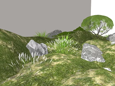Natural Style Garden Decor with Lush Green Grass Gray Stones Grass Clumps and Small Tree 3d model
