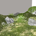 Natural Style Garden Decor with Lush Green Grass Gray Stones Grass Clumps and Small Tree