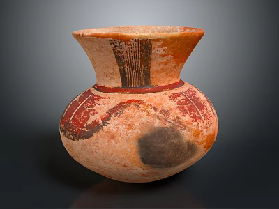 Ancient Orange Red Ceramic Vessel With Painted Striped And Geometric Designs 3d model