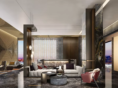 Modern Hotel Public Lounge Interior Design With Comfortable Sofa Armchairs And Decorative Lighting 3d model