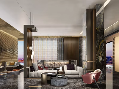 Modern Hotel Public Lounge Interior Design With Comfortable Sofa Armchairs And Decorative Lighting 3d model