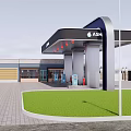 Modern Gas Station Canopy Structure With Fuel Dispensers Convenience Store And Lawn Area