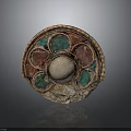 Round Decorative Disc With Green Red Gemstone Inlay Copper Edge And Beige Center