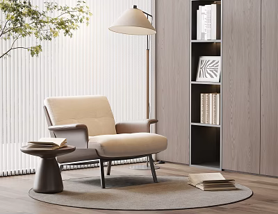 Stylish Cozy Upholstered Lounge Chair With Floor Lamp Side Table And Bookshelf In Modern Interior 3d model