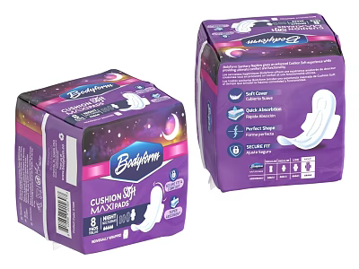 Bodyform Cushion Soft Night Comfort Sanitary Pads With Ultra Absorb And Natural Fit Purple Packaging 3d model