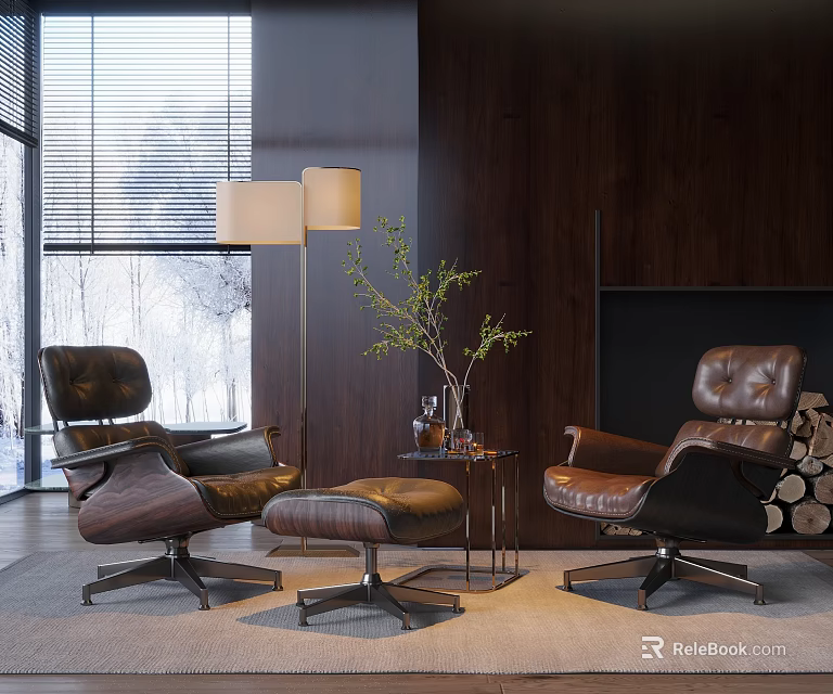 Brown Leather Leisure Chair Set with Ottoman Floor Lamp and Wooden Wall Fireplace Living Room 3d model 