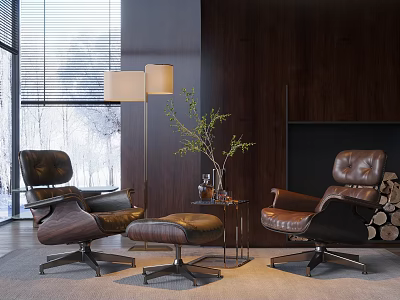 Brown Leather Leisure Chair Set with Ottoman Floor Lamp and Wooden Wall Fireplace Living Room 3d model