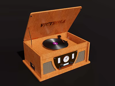 Vintage Retro Record Player Decorative Ornament Set with Wooden Design and Vinyl Disc 3d model