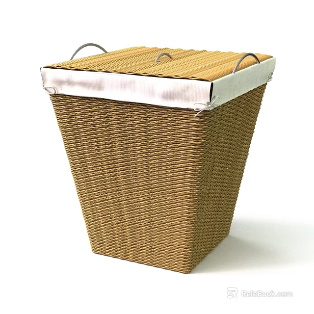 Stylish Woven Wicker Storage Basket With Bamboo Lid And White Trim For Home Organization 3d model 
