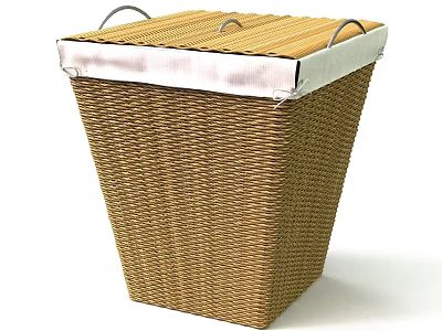 Stylish Woven Wicker Storage Basket With Bamboo Lid And White Trim For Home Organization 3d model