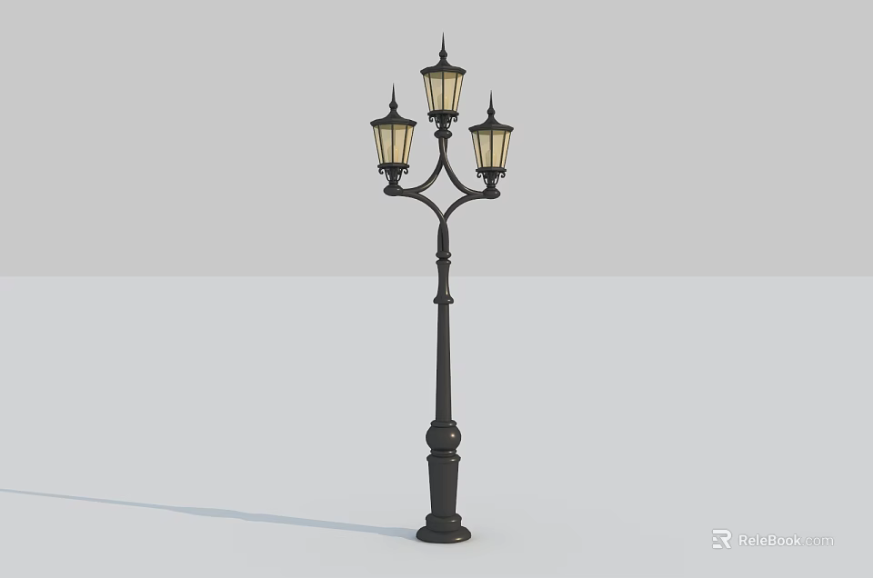 Classic Street Lamp With Three Illuminated Lights And Decorative Black Pole 3d model 