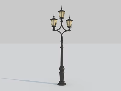 Classic Street Lamp With Three Illuminated Lights And Decorative Black Pole 3d model