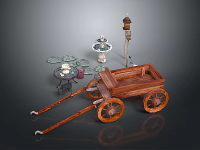 Outdoor Decorative Scene Components With Wooden Cart Fountain Birdhouse And Round Table 3d model