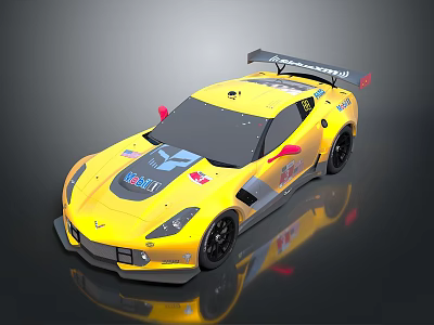 Yellow Sport Race Car With Black Roof Rear Spoiler And Racing Decals On Shiny Surface 3d model