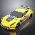 Yellow Sport Race Car With Black Roof Rear Spoiler And Racing Decals On Shiny Surface