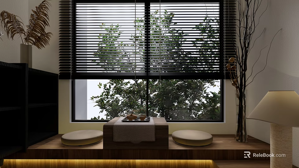 Bright Duplex Living Room With Window Blinds Green Plants Wooden Platform And Cushions 3d model 