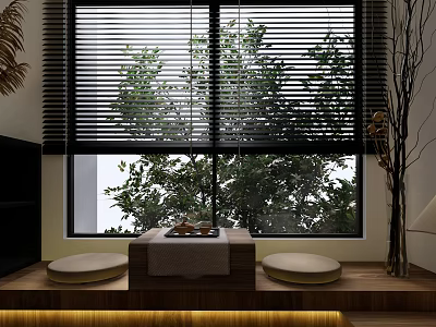 Bright Duplex Living Room With Window Blinds Green Plants Wooden Platform And Cushions 3d model