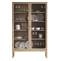 Wooden Display Cabinet With Glass Doors Showcasing Plates Bowls Cups And Wine Glasses