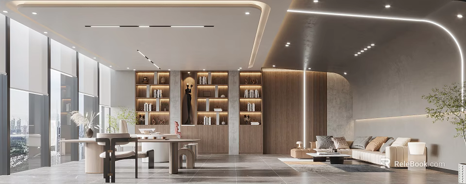 Modern Office Interior Design With Wooden Bookshelves Sofa Desk And Lighting 3d model 