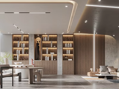 Modern Office Interior Design With Wooden Bookshelves Sofa Desk And Lighting 3d model