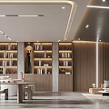 Modern Office Interior Design With Wooden Bookshelves Sofa Desk And Lighting