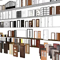 Swing Door Showroom with Dark Green Geometric Wall and Hardware Samples on Wooden Floor