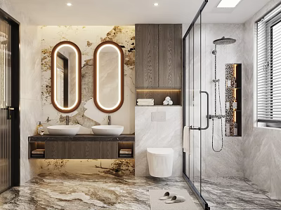 Modern Bathroom Interior With Double Sinks Dual Round Mirrors Marble Walls Wooden Cabinets Glass Shower 3d model