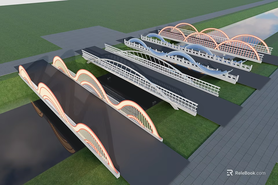 Modern Row of Arched Bridges Landscape Design With Grass Path And Water 3d model 