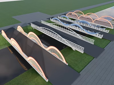 Modern Row of Arched Bridges Landscape Design With Grass Path And Water 3d model