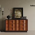 Elegant Wooden Entryway Cabinet Sideboard With Grid Design Floor Candlesticks Vase And Decorative Painting