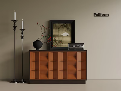 Elegant Wooden Entryway Cabinet Sideboard With Grid Design Floor Candlesticks Vase And Decorative Painting 3d model