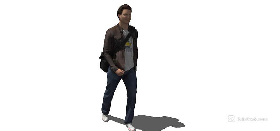 Man Walking With Backpack Wearing Brown Jacket Gray T-shirt And Blue Jeans 3d model 
