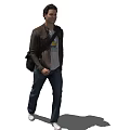 Man Walking With Backpack Wearing Brown Jacket Gray T-shirt And Blue Jeans