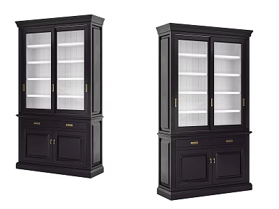 Elegant Classic Black Wooden Bookcases With Glass Doors Storage Drawers And Cabinets 3d model