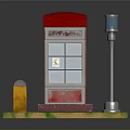 Scene With Red Roof Glass Telephone Booth Street Lamp Trash Can On Sandy Grass Ground