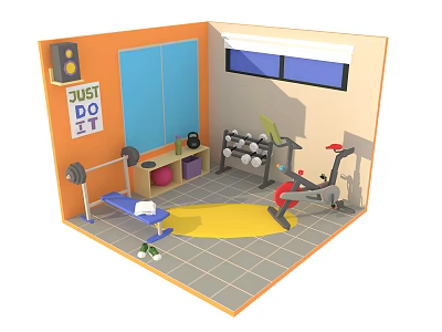 Home Gym Interior With Dumbbells Barbell Exercise Bike Lockers Sneakers And Motivational Poster 3d model