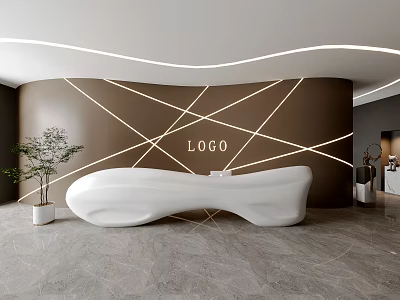 Modern Front Desk Reception Area With Curved White Desk And Geometric Lighting Backdrop 3d model