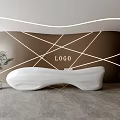 Modern Front Desk Reception Area With Curved White Desk And Geometric Lighting Backdrop 3d model