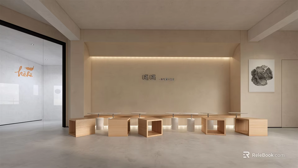 Minimalist Bubble Tea Shop Interior With Wooden Tables And Seating Area 3d model 