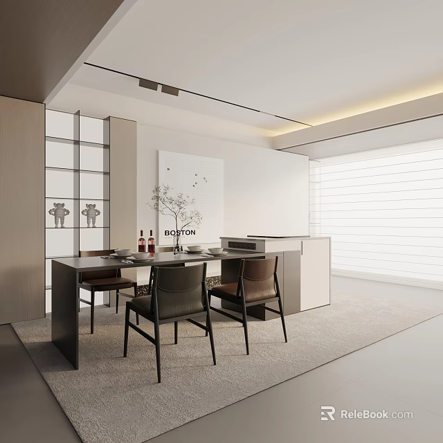 Modern Dining Table Set With Chairs Vase And Wine Bottles In Interior Design 3d model