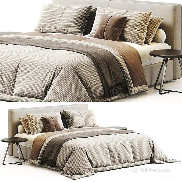 Double Bed with Cozy Beige and Brown Plaid Comforter Pillows and Side Table 3d model 