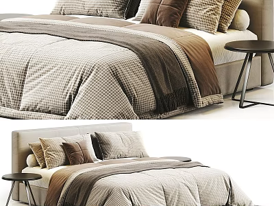 Double Bed with Cozy Beige and Brown Plaid Comforter Pillows and Side Table 3d model
