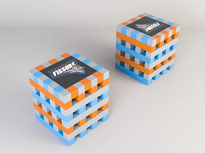 Modern Coffee Table With Orange Blue Gray Stacked Block Design And Fisher Logo 3d model